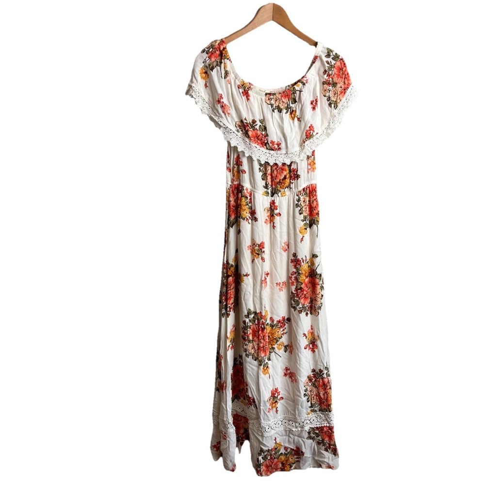 Altar'd State Floral Boho Maxi Off The Shoulder Dress Small S White Pink Women’s